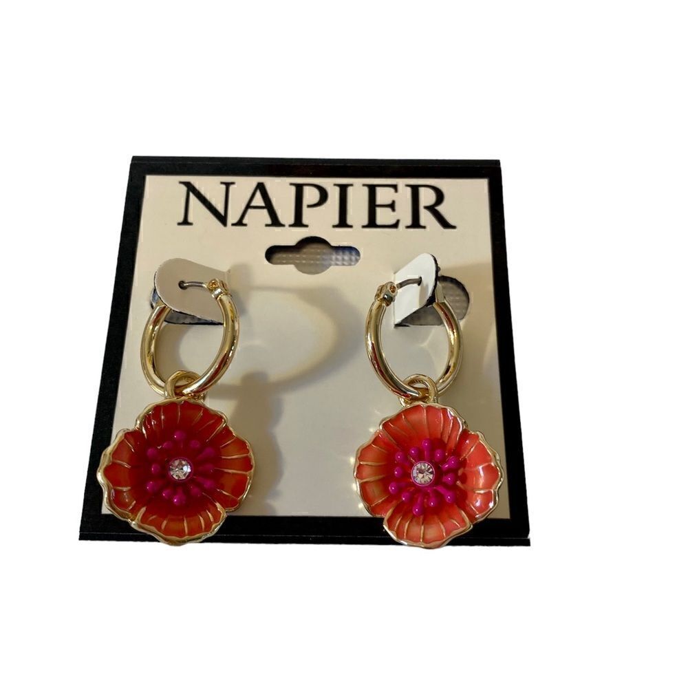 Napier Orange, Pink & Gold Toned Hoop Drop Earrings. Very Cute!